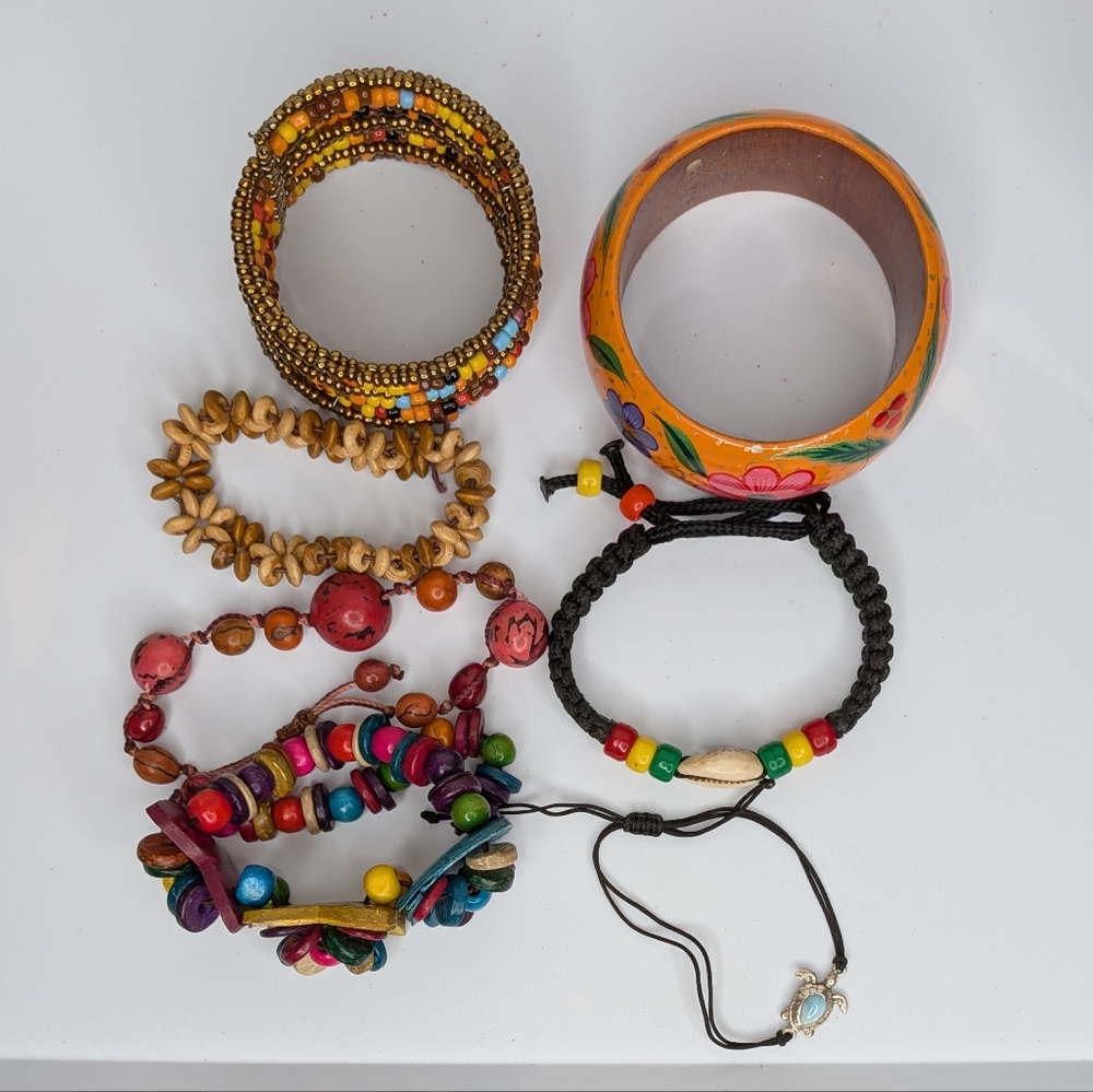 Boho Jewelry Lot Wood Bead Necklaces Bracelets Shell Indie Hippie Festival - Picture 9 of 14